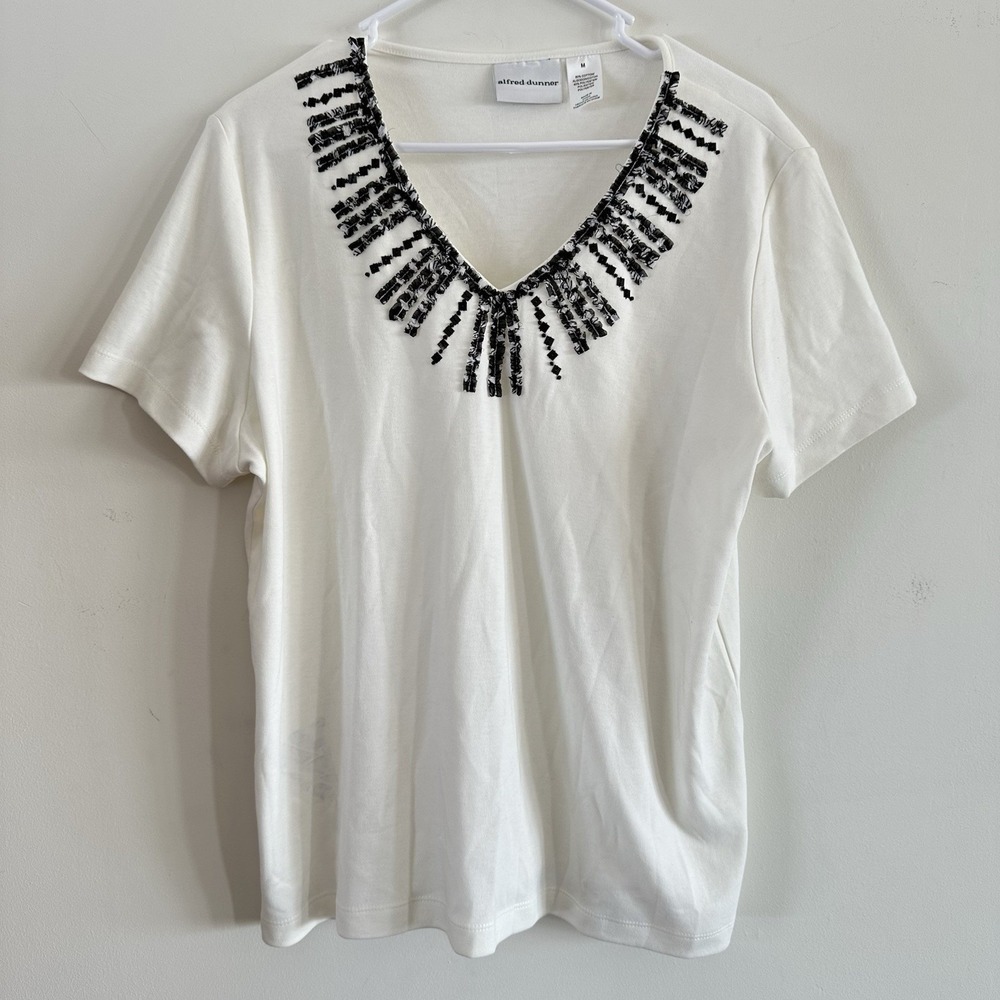Women's Alfred Dunner T Shirt Blouse White Black Collar Accent Spring Medium